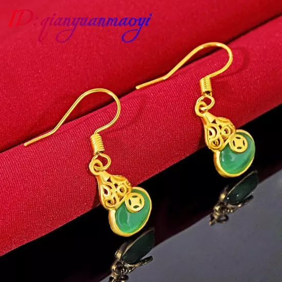 Natural Jade Gourd Earrings Real Jewelry Charm Talismans 18K Gold Plated