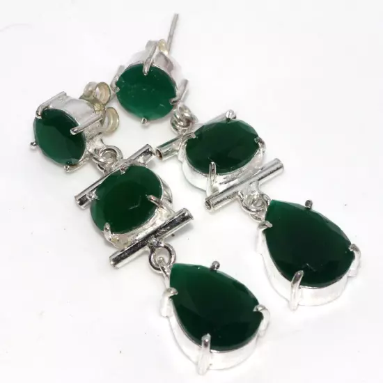 925 Silver Plated-Green Onyx Ethnic Long Earrings Gemstone Jewelry 1.7" GW