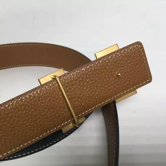 Hermes Gold Buckle Reversible Leather Black Brown white Stitch Belt 95 Unisex