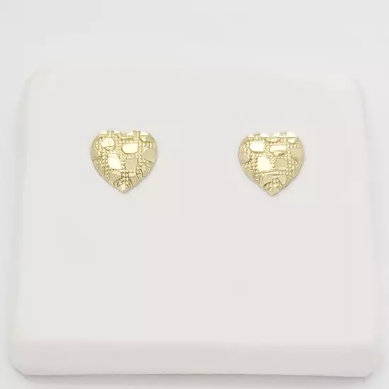 10K Yellow Gold Diamond Cut Nugget Heart Earrings 8 mm