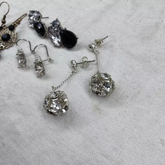 Lot Of 5 Vintage & Modern Costume Rhinestone Earrings Dangle Hoop Silver Tone