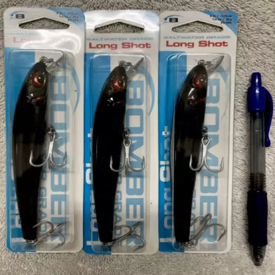 (3)Bomber Long Shot, Black, 5” Long, 3/4oz, Dives 2-4’, Saltwater