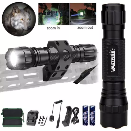 TAC LED Flashlight Torch Huning Light Zoomable Rail Mount + 2pcs 1865o Batteries