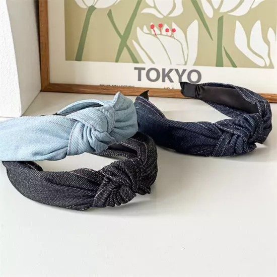 Women Girl Retro Denim Hair Band Cross Twisted Wide Headband Head Hoop Headwear