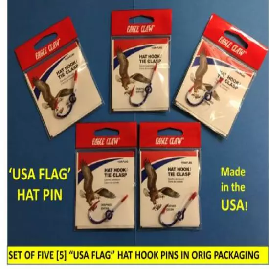 FIVE [5] EAGLE CLAW ORIGINAL “USA FLAG” FISH HOOK HAT PIN/MONEY CLIP IN ORIG PKG