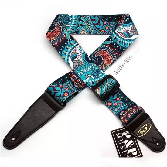 Guitar Bass Belt Embroidered Guitar Strap Leather End for Bass/Acoustic/Electric