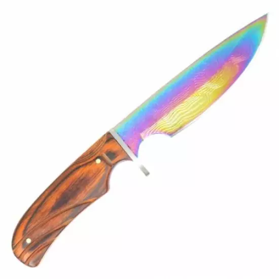 BUCKSHOT RAINBOW FULL TANG HUNTING KNIFE W/ ETCHED DESIGN AND WOOD HANDLE 10"