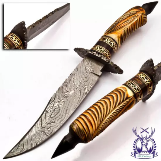 13in - BEAUTIFUL CUSTOM HAND MADE DAMASCUS HUNTING BOWIE HANDLE BONE WITH SHEATH