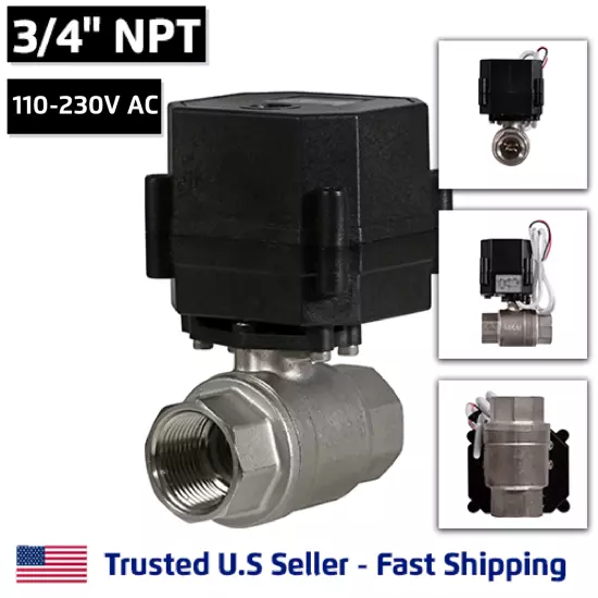 3/4" Stainless Steel Motorized Electric Ball Valve 110V 120V 220 Volt AC, 2 Wire