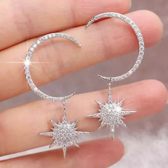 Boho Gold Star Sun Moon Crystal Rhinestone Drop Dangle Stud Earrings Jewelry Set