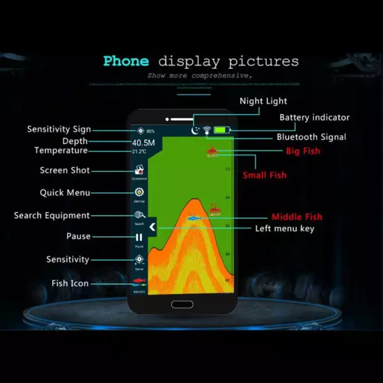 Underwater Wireless Buletooth Fish Finder Depth Echo Sounder Night Light Fishing