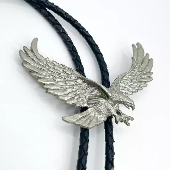 Vintage Bolo Tie American Bald Eagle Silver Tone Braided Slide Western