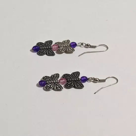 Silver Tone Hook/Dangle Butterfly Earrings With Acrylic Beads. Etched. Modern. 