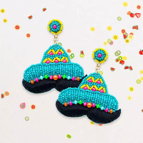 Turquoise Felt Back Seed Beaded Hat Mustache Dangle Earrings