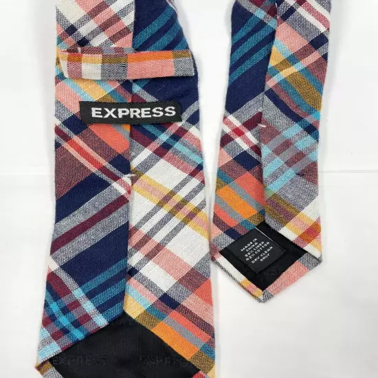 Express Red Blue Plaid Linen Cotton Skinny Long Preppy Necktie Tie 2.8" x 63"