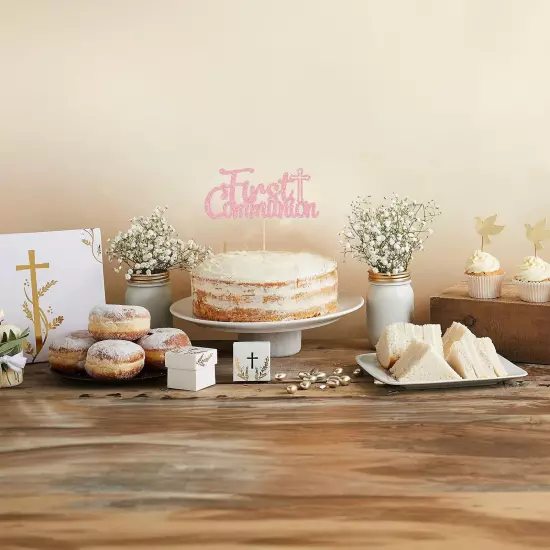 Gyufise 1Pcs Pink Glitter First Communion Cake Topper First Communion Cake De...