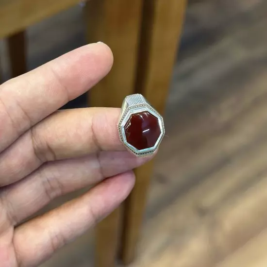 Blood Red Aqeeq Ring Sterling Silver Natural Mens Agate Ring Real Yemeni Aqeeq