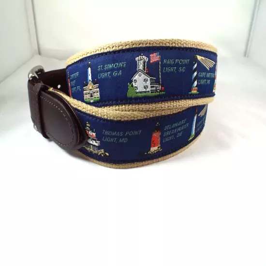 EUC The Belted Cow Co. East Coast Lighthouse Leather/Cotton 1 3/8" Belt Sz 36