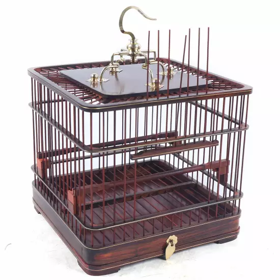 Asian Bird Cage Square Solid Wood Carved Chinese Bamboo Pet Nest Home W/ Drawer