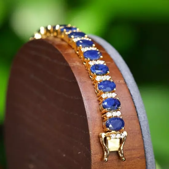 10Ct Lab-Created Blue Sapphire Women's Oval Tennis Bracelet 14K Yellow Gold Over