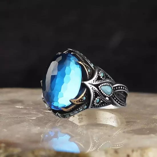 Aqua Marine Stone 925 Sterling Silver Men's Ring Men's Jewelry Silver Ring