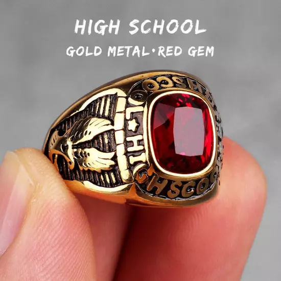 Stainless Steel Men Rings Rhinestone High School Eagle Punk Red Blue Green Stone