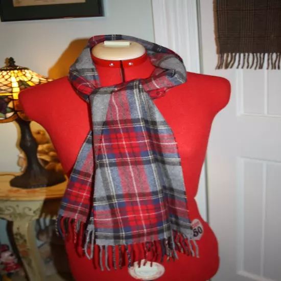 Jos. A. Bank Scarf 100% cashmere Red grey blue plaid Soft classic design