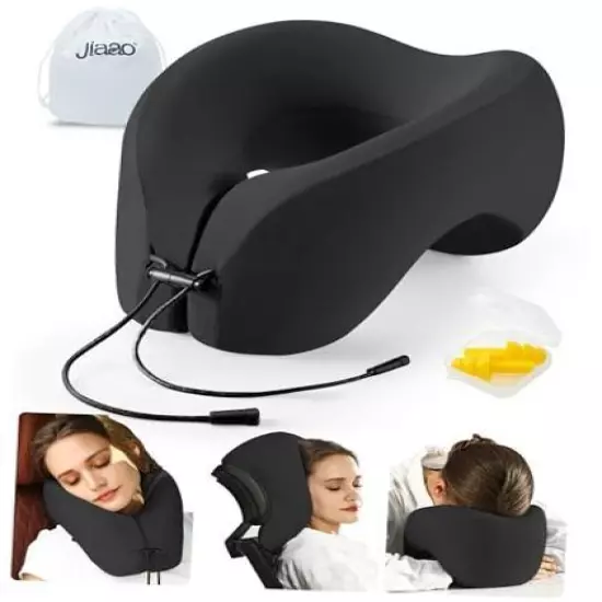 Neck Pillow Airplane, Memory Foam 2-in-1 Travel Pillow for Long Flight Black