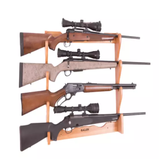 Four Rifle Wall Mount Wooden Gun Rack Gun Storage in Natural Wood Finish