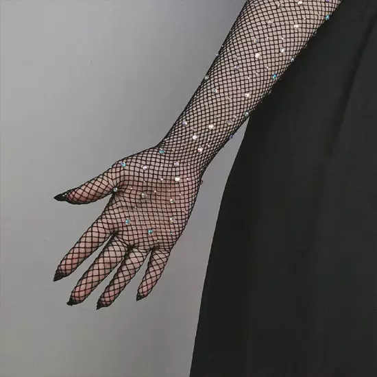 Fishnet Long Gloves Women Rhinestones Gloves Mesh Wrist Arm Gloves Dance Gloves