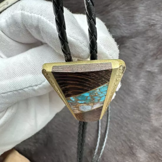 Incredible Vintage Sky West SST Brass Turquoise Gold Wood Inlay Bolo Tie ￼