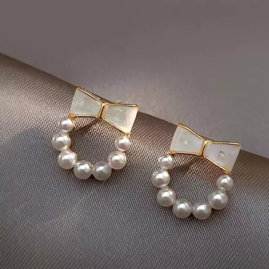 New 18k Gold Plated White Bow Pearl Stud Earrings Womens Jewellery No Piercing