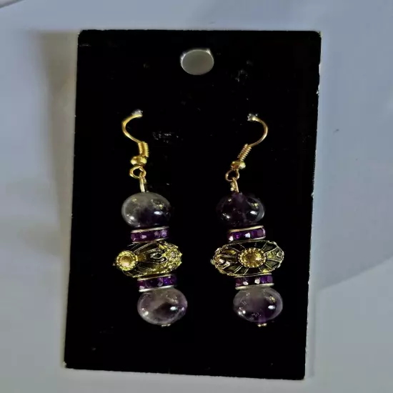 ARTESAN DESIGN ORIGINAL AMETHYST CATS EYE RHINESTONE CHARM SWING EARRINGS