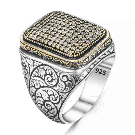 925 Sterling Silver Cubic Zirconias Stone Engraved Design Men's Ring