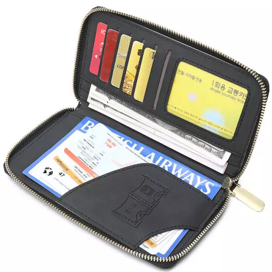 RFID Leather Travel Passport Case Cover Zipper Wallet Card Holder with Wristband