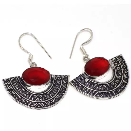 925 Silver Plated Red Onyx Ethnic Earrings Handmade Jewelry Size 1.8" JW