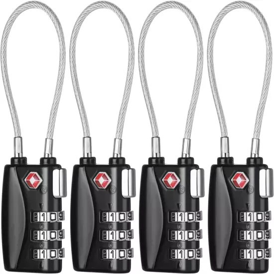 TSA Approved Luggage Locks, 4 Pack, Travel Padlocks, 3 Digit Cable Locks for Bag