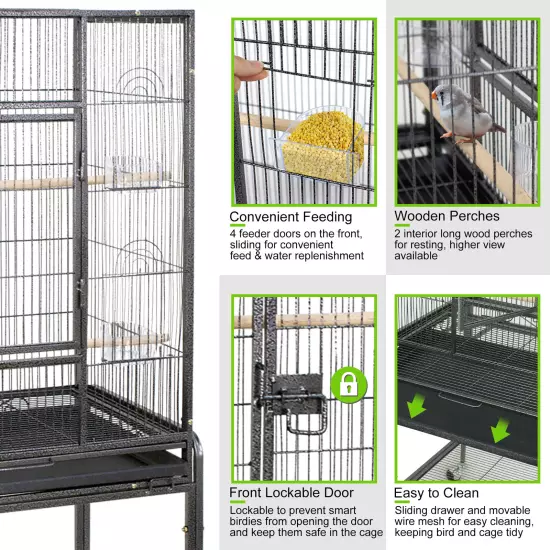 53" Parakeet Bird Cage Parrot Flight Cage Wrought Iron Rolling Stand White/Black