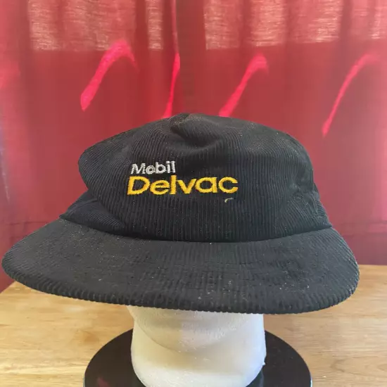 VTG Mobil Delvac SnapBack Hat Black Corduroy Made In USA Stange Premium 80s 90s