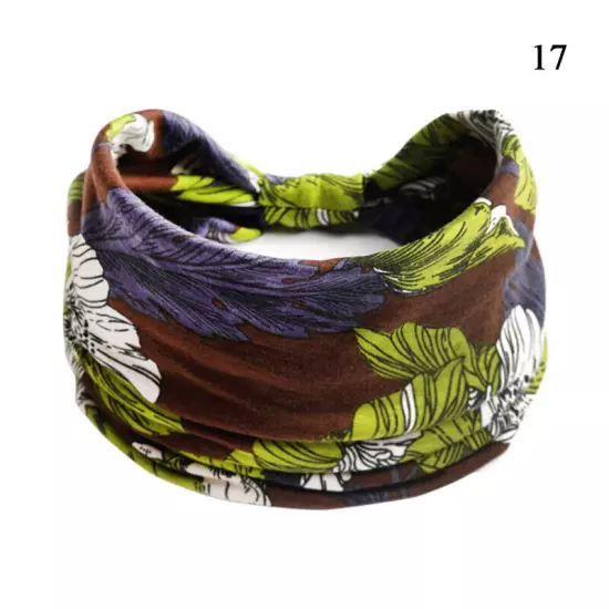 Women Boho Flower Print Wide Headband Vintage Knot Elastic Turban Headwrap *