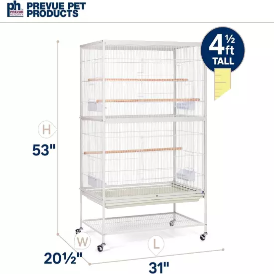 Spacious White Wrought Iron Flight Cage on Stand for Small Birds - 31"L x 53"H