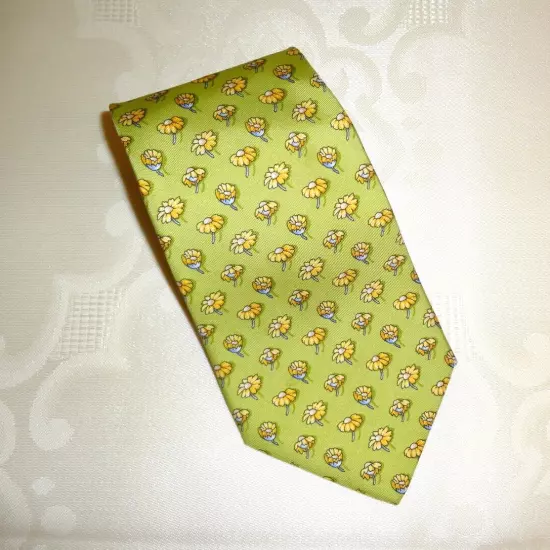 Salvatore Ferragamo Yellow Green 100% Silk Floral Daisy Print Neck Tie