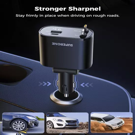 【Upgraded】 SUPERONE Retractable Car Charger 4 in 1, Fast Phone Black 