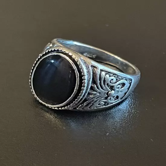 Oval Black Obsidian Stone S925 Silver Plated Men Women Ring Size 8.75