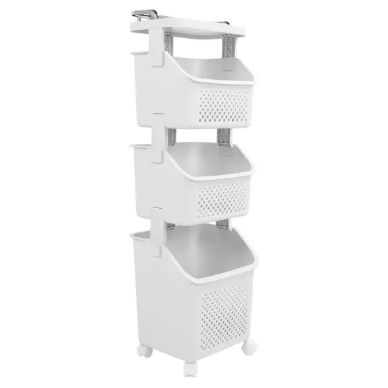 3 Layers Rolling Laundry Hamper PP ABS Laundry Shelf Clothes Storage Basket