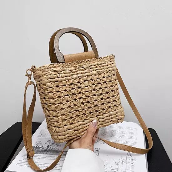 Straw Bags Women Tote Bags Handbags Weave Wooden Handle Beach Shoulder Bag