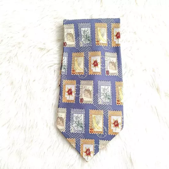 Tommy Bahama Mens Necktie 100% Silk Blue Stamp Print