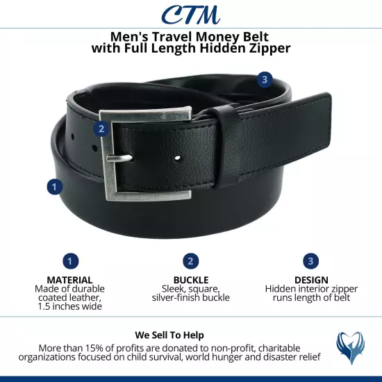 New CTM Men's Travel Money Belt with Full Length Hidden Zipper