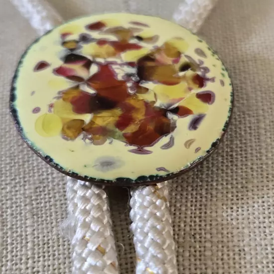 White Color Bolo Tie With Yellow Rust Color Oval Enamel 1.5"x1" Clasp 30" Tie