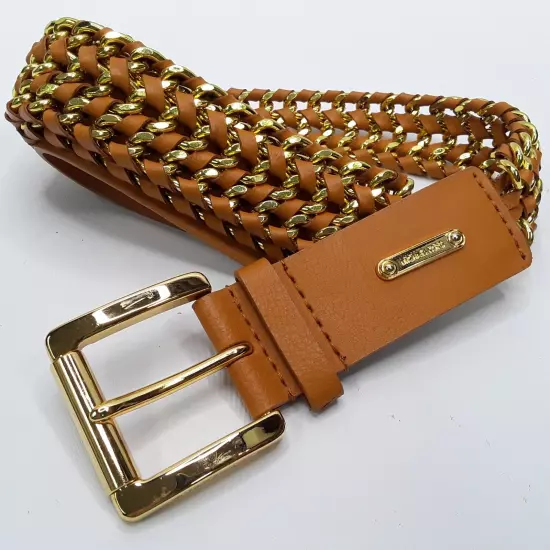 Ladies Michael Kors Brown Braided Chain Leather Belt 554022 Size M (Heavy)